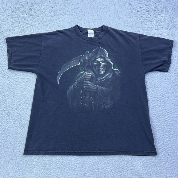 VTG Y2k Exhile Grim Reaper Shirt Men's XL Black Glow Skull Scythe Short Sleeve T - Picture 1 of 11